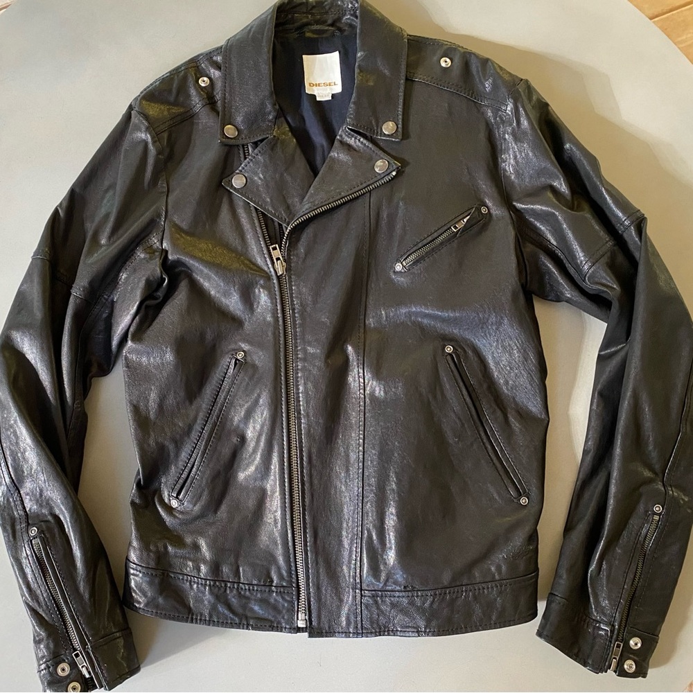 Vintage DIESEL Black Lambskin Leather Moto Jacket XXL